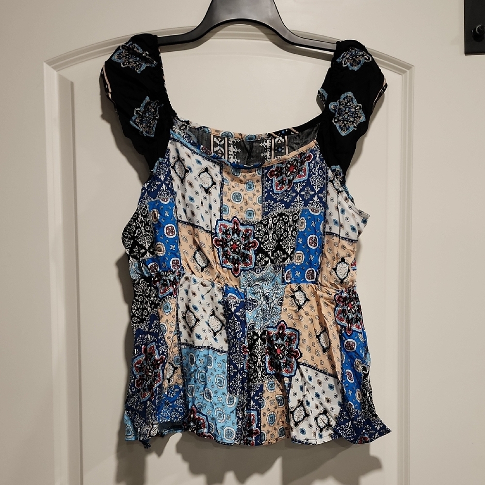 SHEIN Black and Blue Smocked Puff Sleeve Blouse